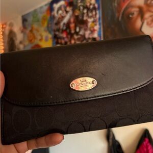 Coach Black Signature Continental Wallet with Metal Logo Plate